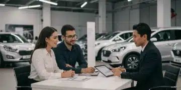 Pareja mexicana revisando opciones de financiamiento automotriz con tasa fija en una agencia de autos moderna en 2026.