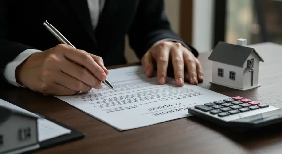 Manos firmando documentos de crédito hipotecario y seguro de desgravamen en México, enfatizando la importancia de los detalles.