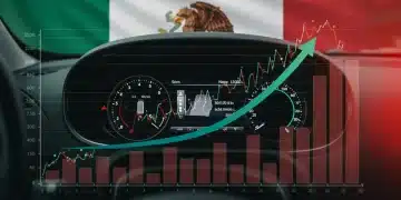 Gráfica financiera superpuesta en el tablero de un auto, representando el impacto del aumento del 5% en precios de autos nuevos en el crédito automotriz para 2026 en México.