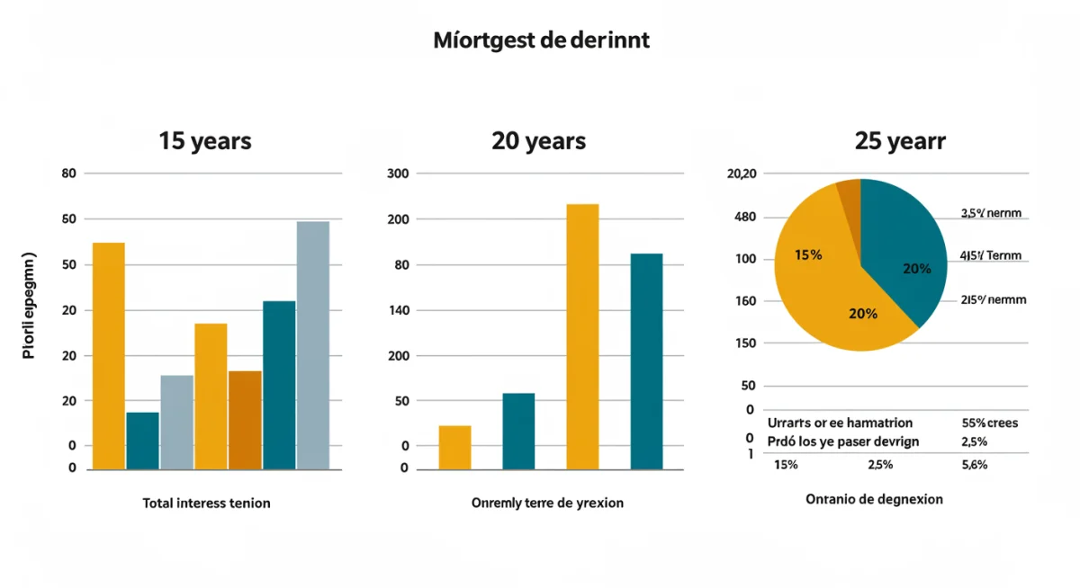 Infografía comparativa de pagos mensuales e intereses totales en créditos hipotecarios por plazo.