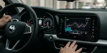Panel de control de un auto moderno con gráficos financieros y calendario 2026, representando el financiamiento automotriz a largo plazo en México.