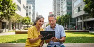 Pareja mexicana sonriente planeando su retiro en un parque moderno de la Ciudad de México.