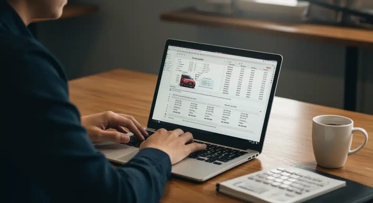 Persona analizando tablas de financiamiento y precios de autos en una laptop, planificando su crédito automotriz ante incrementos de costos en México.