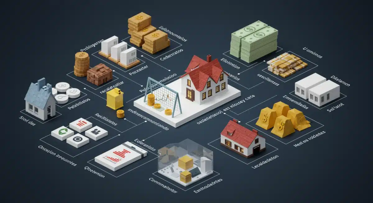 Ilustración de un portafolio de inversión diversificado con acciones, bonos e inmuebles, clave para proteger el retiro de la inflación.