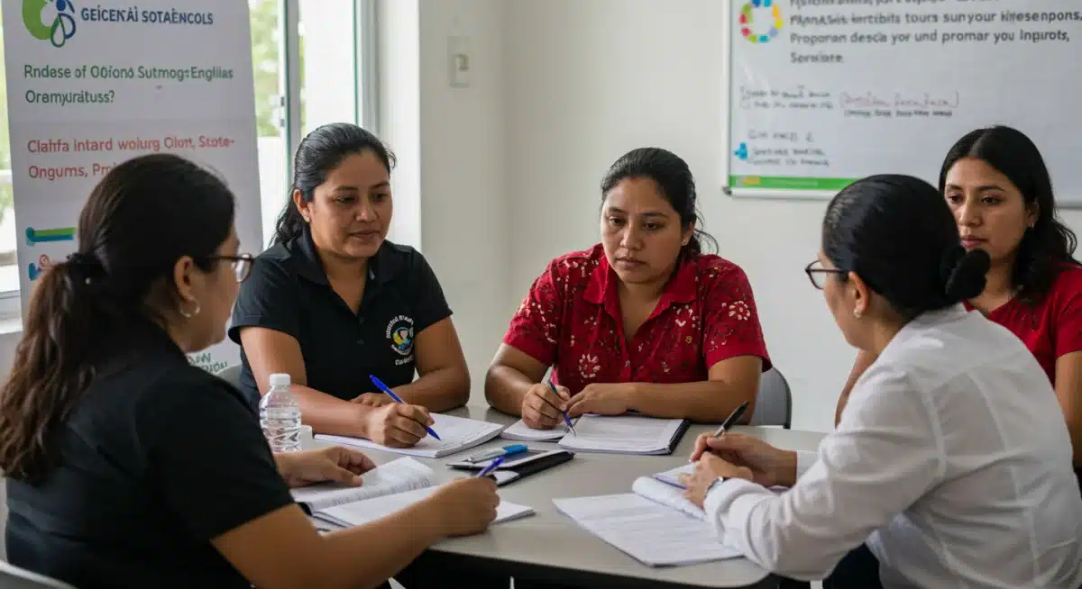 Madres solteras mexicanas en taller informativo sobre programas de apoyo.