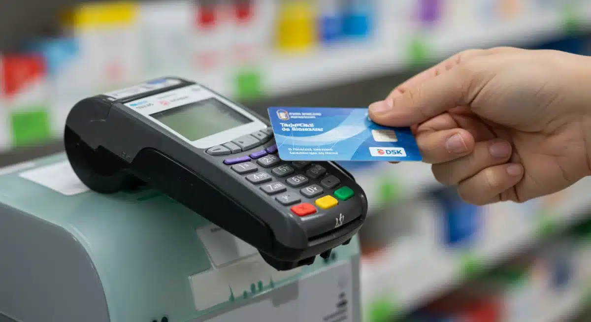 Mano utilizando la Tarjeta de Bienestar en un terminal de pago para servicios de salud en México.