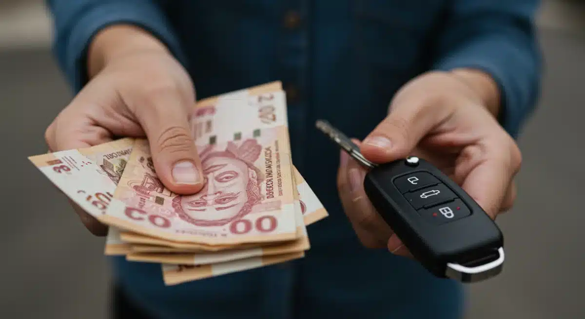 Mano sosteniendo billetes y llave de auto nuevo, representando ahorro y compra inteligente.
