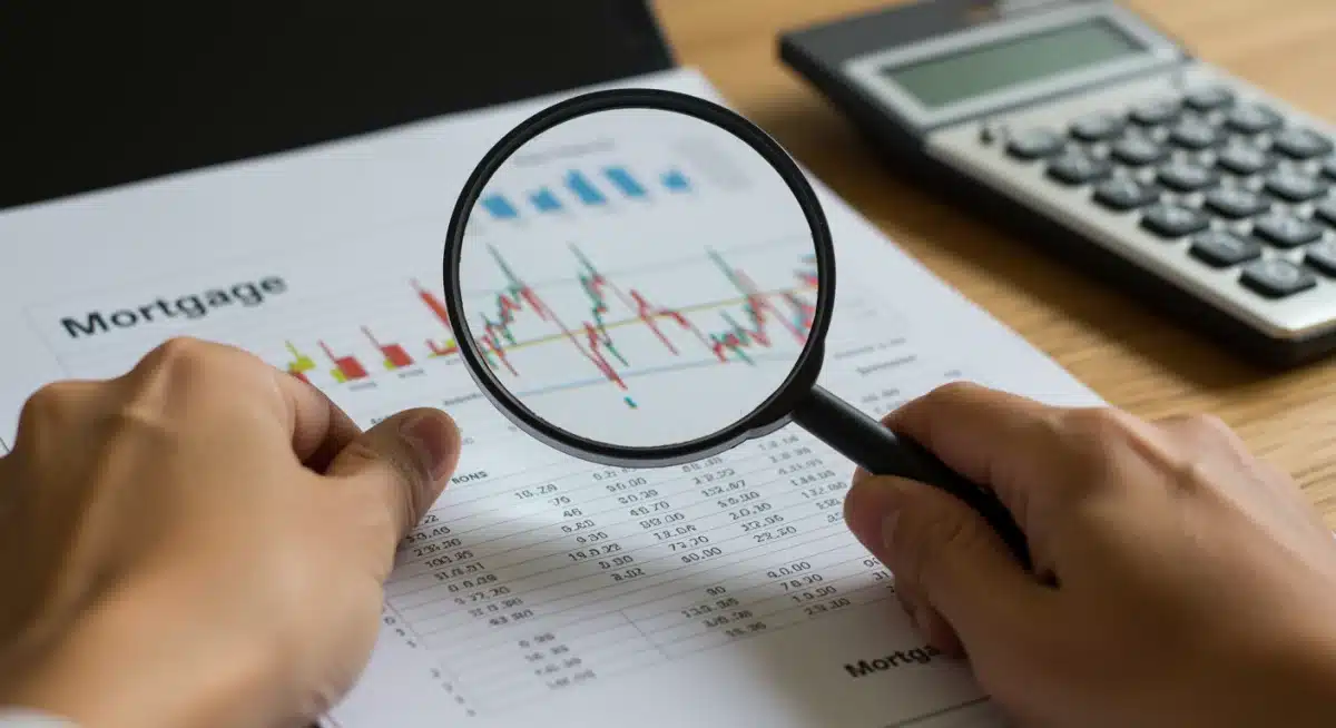 Mano con lupa analizando tasas de interés y términos de crédito hipotecario.