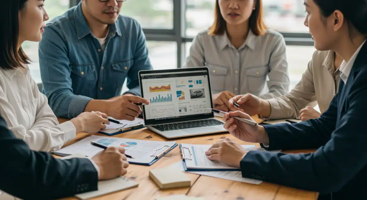 Asesor financiero explicando opciones de crédito automotriz a clientes interesados en autos seminuevos.