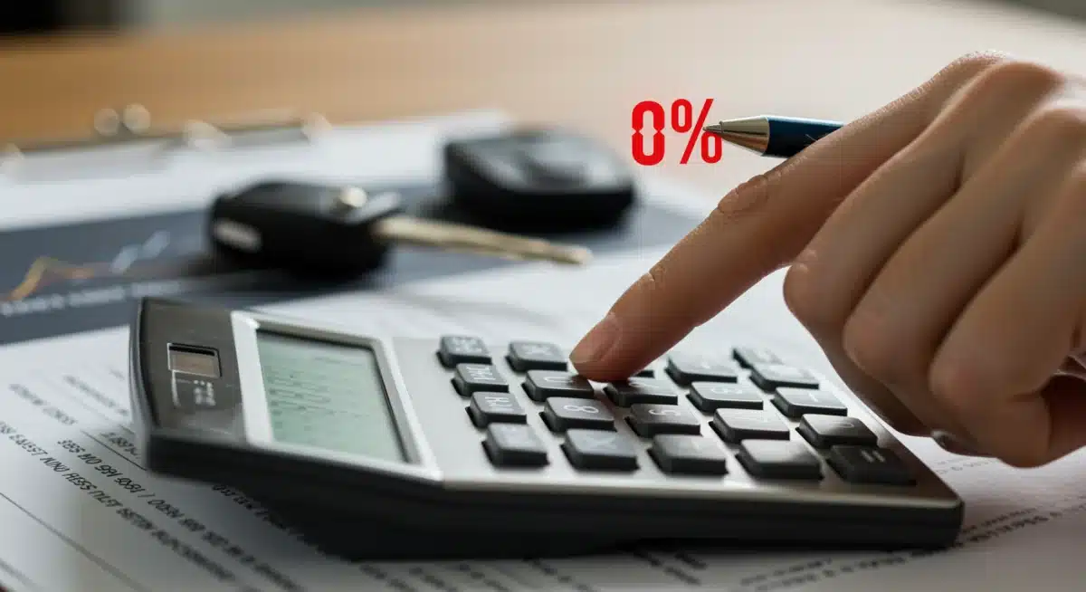 Persona calculando pagos de financiamiento automotriz con calculadora y llaves de auto.