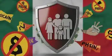 Escudo protegiendo a familia de estafas digitales en programas sociales de México 2026