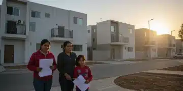 Familia mexicana frente a un complejo de vivienda social moderno, simbolizando esperanza y acceso a programas gubernamentales en 2026.