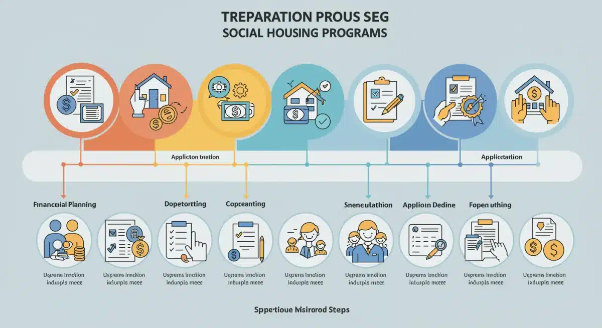 Infografía detallada con pasos y cronograma para prepararse para los requisitos de vivienda social 2026, incluyendo planificación financiera y documentación.