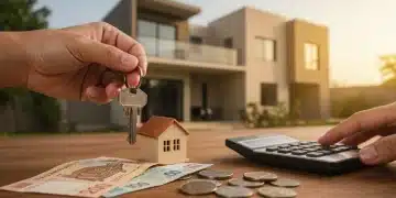 Manos sosteniendo una llave de casa con billetes mexicanos y calculadora, simbolizando el ahorro en crédito hipotecario.