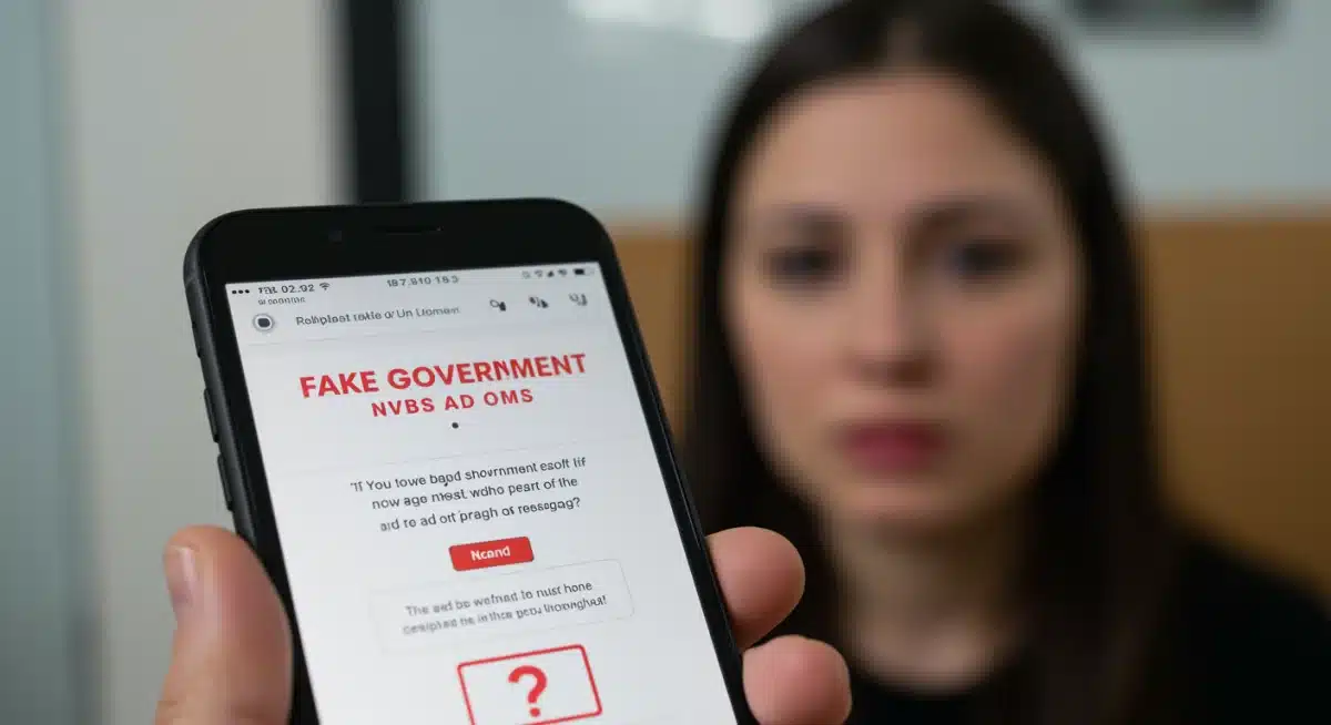 Teléfono mostrando mensaje de texto fraudulento sobre un programa social