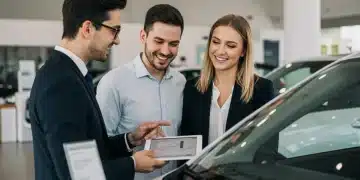 Pareja feliz negociando financiamiento automotriz con enganche del 10% en concesionario moderno.