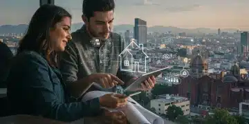 Pareja revisando planes de casa y finanzas para crédito hipotecario en México 2026.