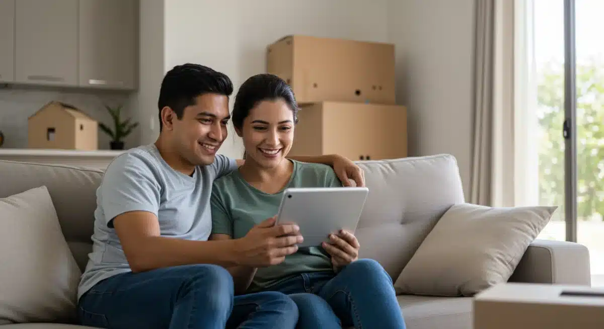 Pareja feliz revisando documentos en una tablet en su nuevo hogar mexicano, simbolizando una compra exitosa.