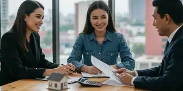 Pareja mexicana feliz revisando documentos de crédito hipotecario con asesor financiero en 2026.