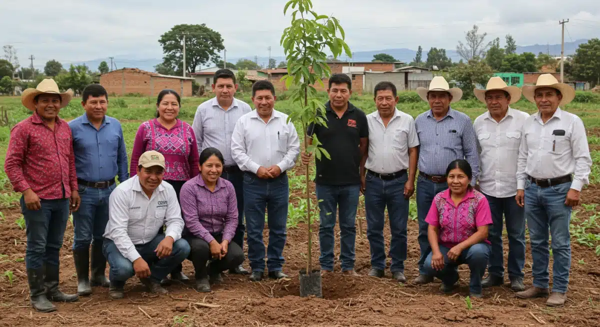 Grupo de productores sonrientes celebrando la siembra de un árbol en una comunidad rural de México, beneficiados por Sembrando Vida.