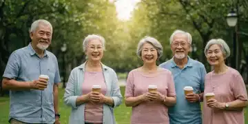 Adultos mayores disfrutando de un retiro feliz y seguro en un parque soleado, representando la tranquilidad financiera.