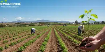 Campesinos mexicanos trabajando en un campo verde, plantando árboles jóvenes y cosechando, bajo el programa Sembrando Vida.