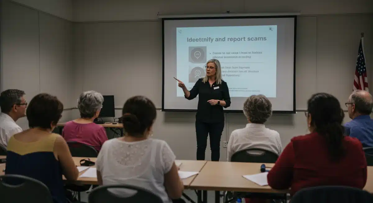 Personas aprendiendo a identificar y reportar estafas en un taller comunitario