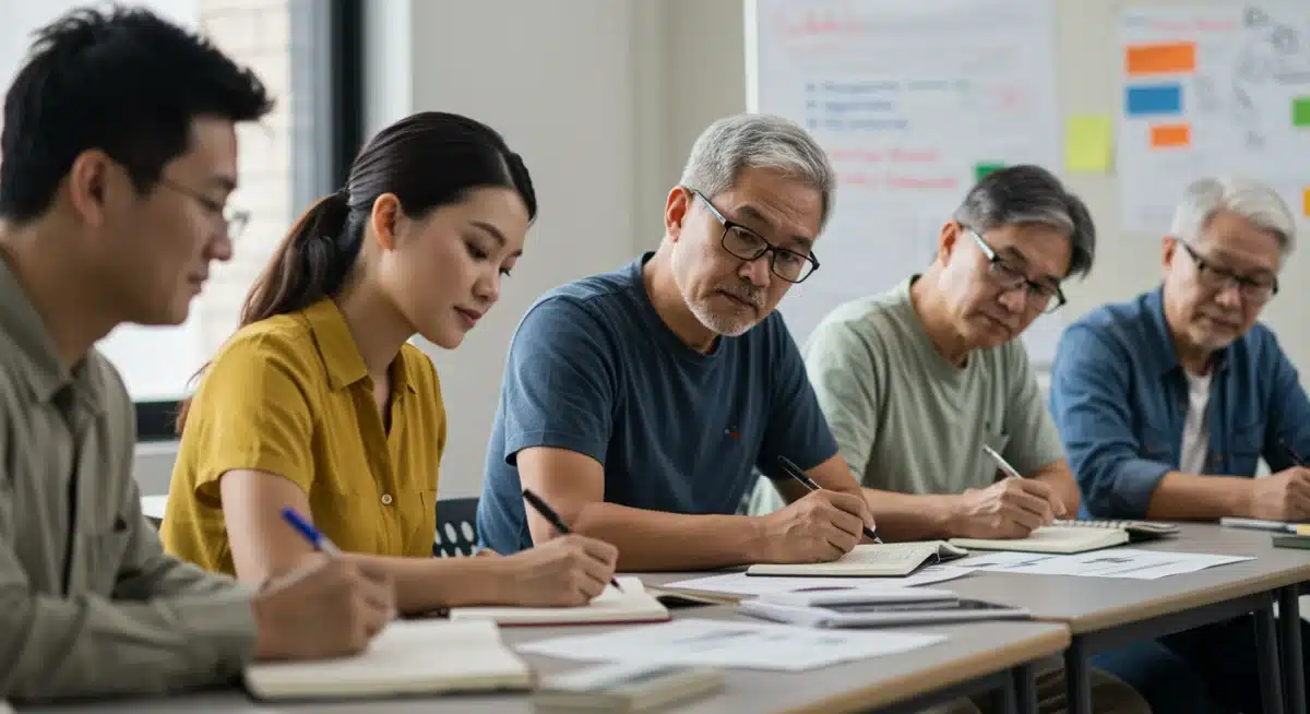 Grupo de personas en un taller de educación financiera sobre pensiones y ahorro.