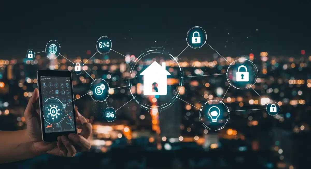 Red de dispositivos digitales y símbolos de blockchain para la seguridad y transparencia en créditos hipotecarios.