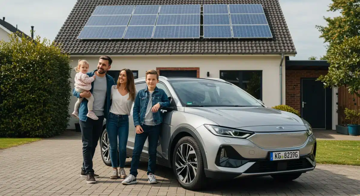 Familia feliz con un auto eléctrico nuevo y opciones de pago flexibles
