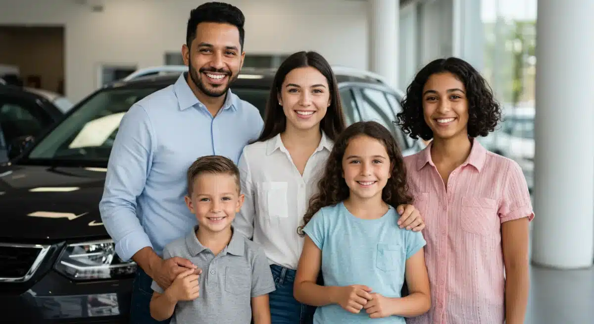 Familia feliz frente a su nuevo auto en una agencia, simbolizando una compra automotriz exitosa y responsable.