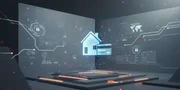 Edificio futurista con elementos digitales, representando el futuro del crédito hipotecario y la aprobación rápida.