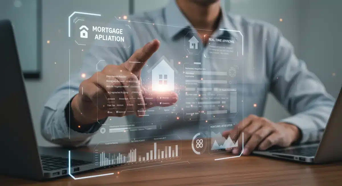 Persona interactuando con interfaz holográfica para aprobación de crédito hipotecario en tiempo real.