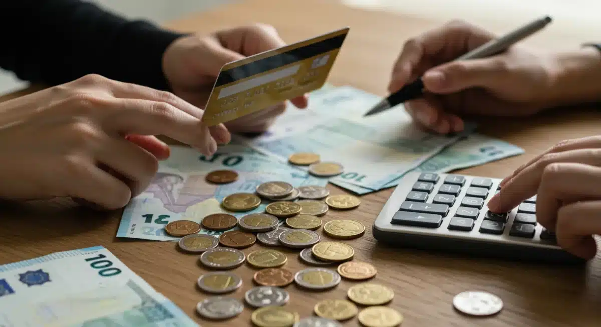 Mano con tarjeta de crédito y calculadora, simbolizando el manejo de deudas y finanzas.