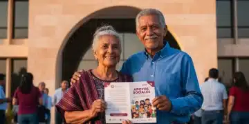 Pareja de adultos mayores mexicanos sonriendo, simbolizando el apoyo gubernamental y la seguridad económica.