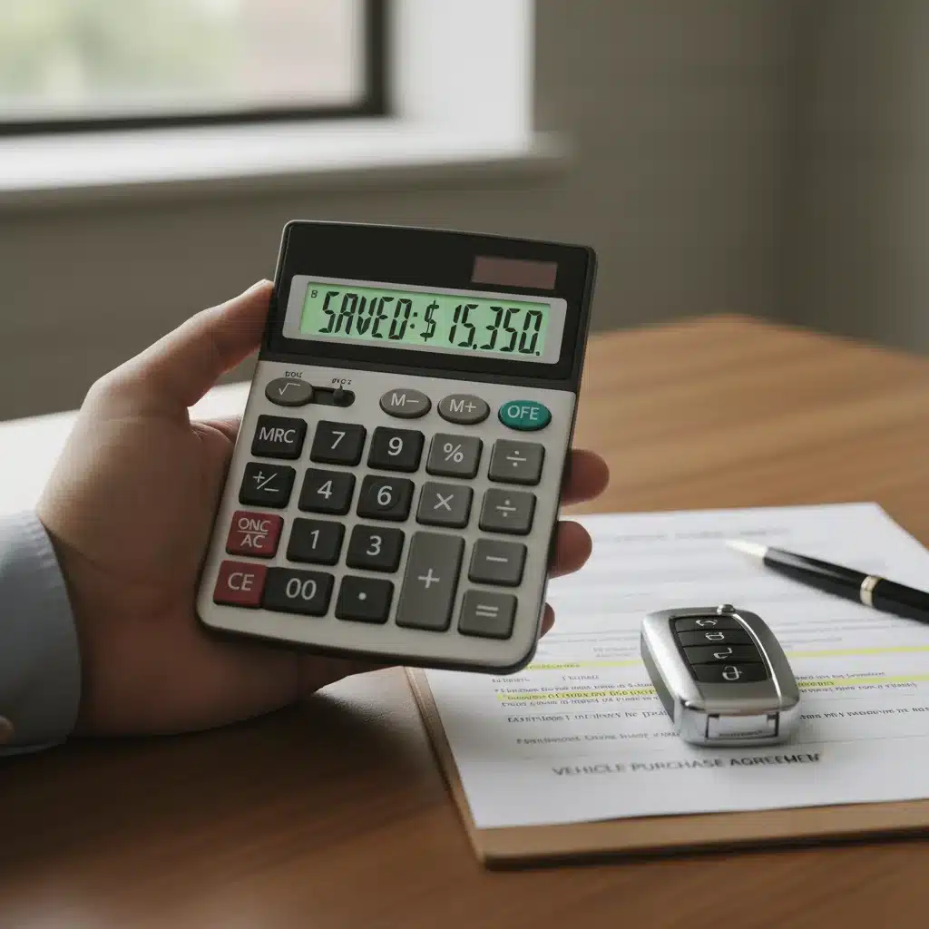 Mano sosteniendo una calculadora con ahorro, llave de coche y contrato, representando el beneficio de negociar el crédito automotriz.