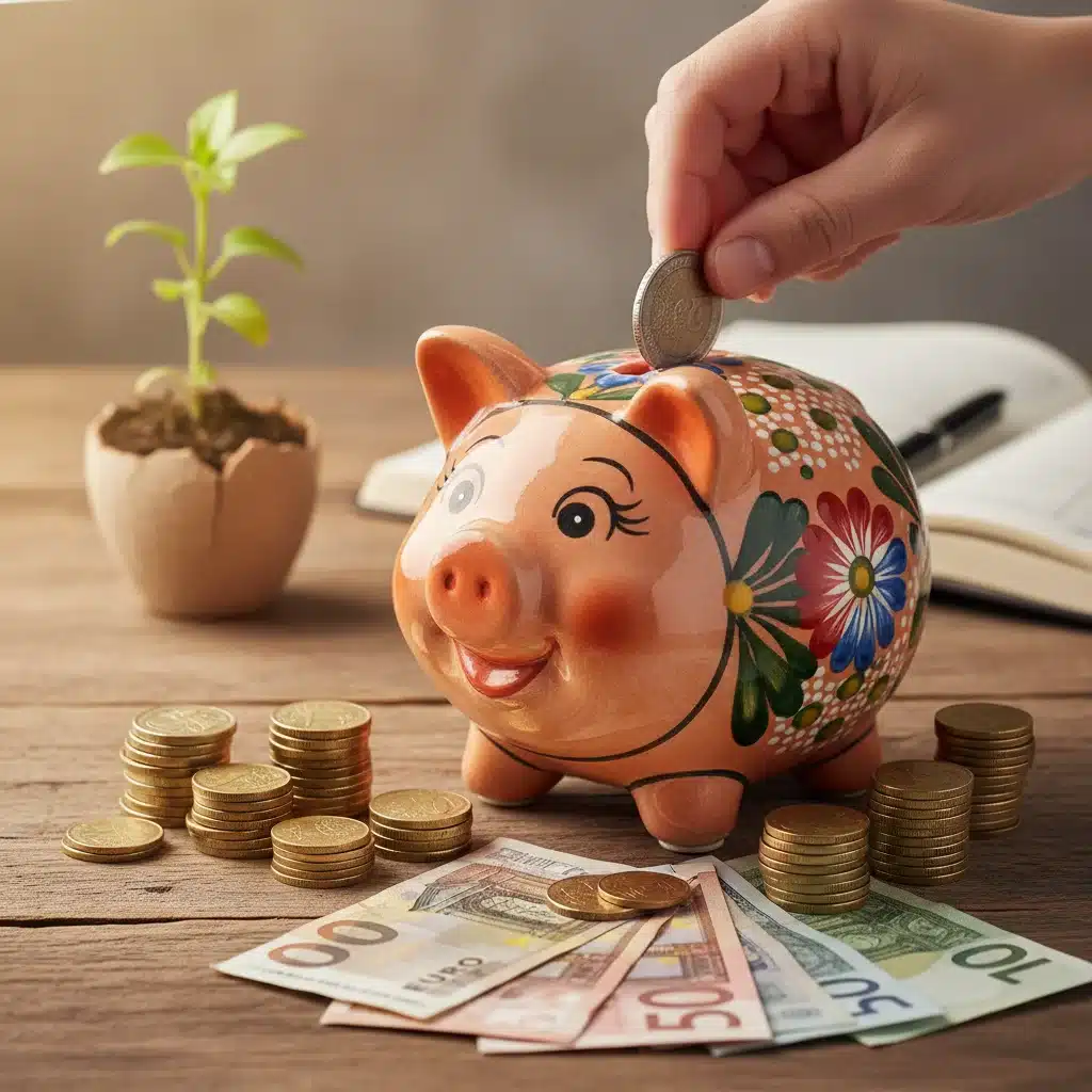 Mano depositando una moneda en una alcancía, simbolizando el ahorro a largo plazo y el crecimiento del patrimonio para el retiro.