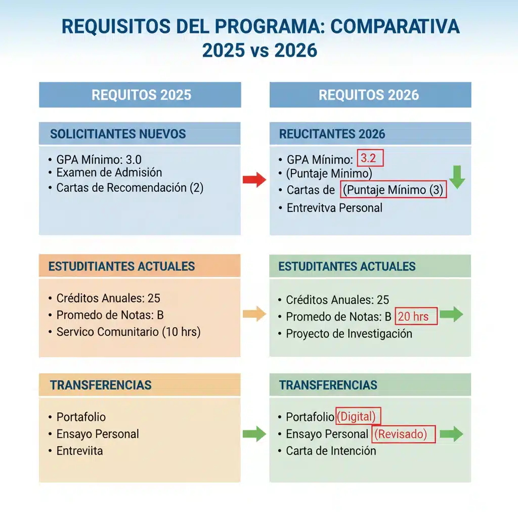 Gráfico comparativo de requisitos del programa Jóvenes Construyendo el Futuro entre 2025 y 2026, mostrando las diferencias clave.
