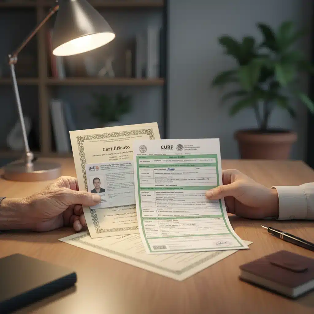 Manos de adulto mayor y joven revisando documentos para el registro del programa de apoyo.
