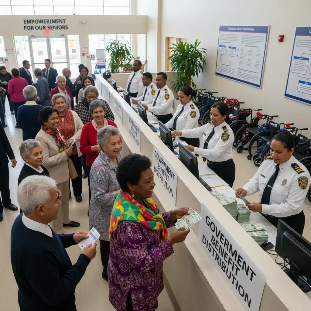 Adultos mayores recibiendo sus tarjetas de apoyo en un módulo de Bienestar, mostrando organización y alegría.