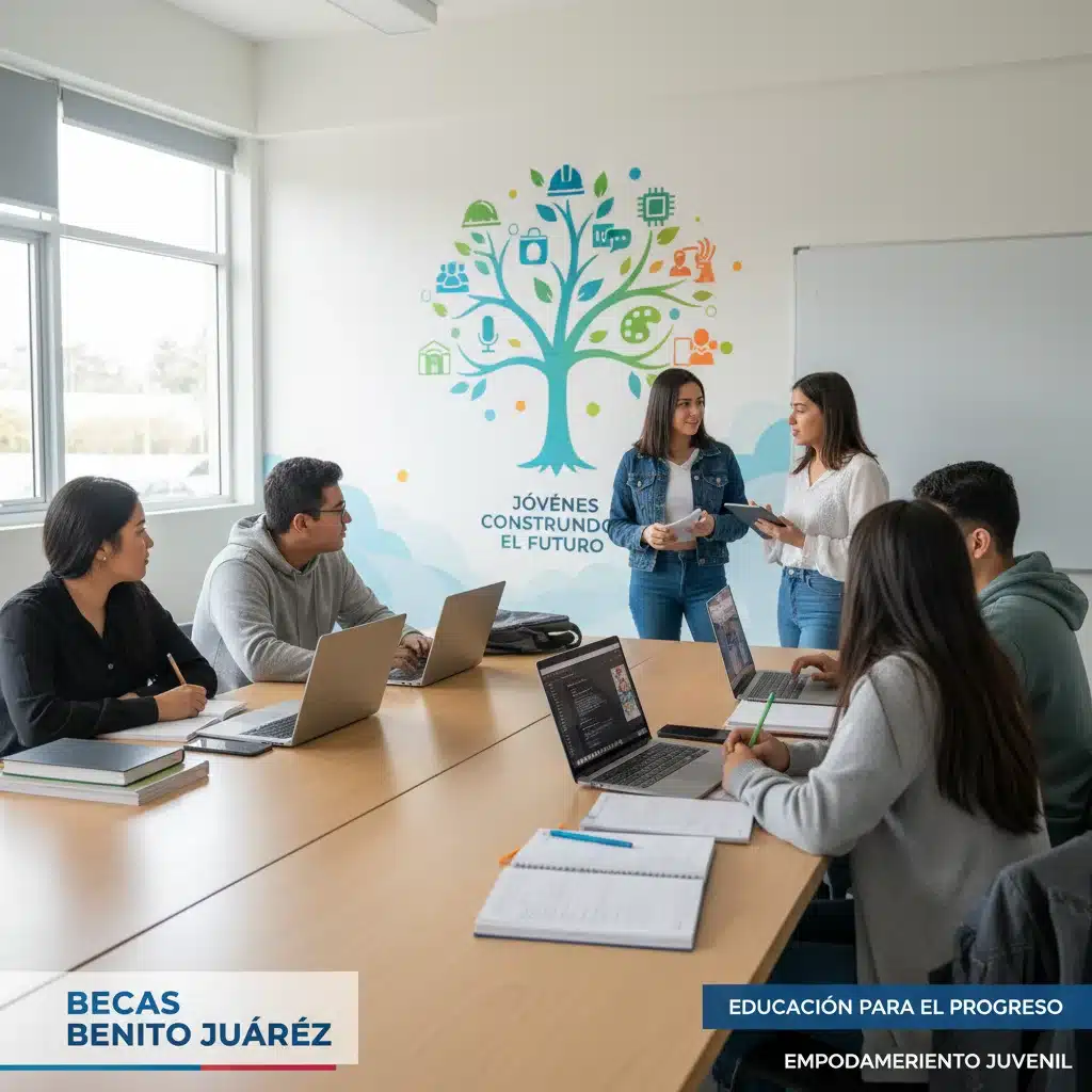 Estudiantes mexicanos aprendiendo, representando el impacto de Becas Benito Juárez y Jóvenes Construyendo el Futuro.
