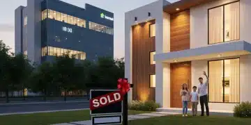 Familia feliz frente a su nueva casa, símbolo de éxito con cofinanciamiento INFONAVIT y banca.