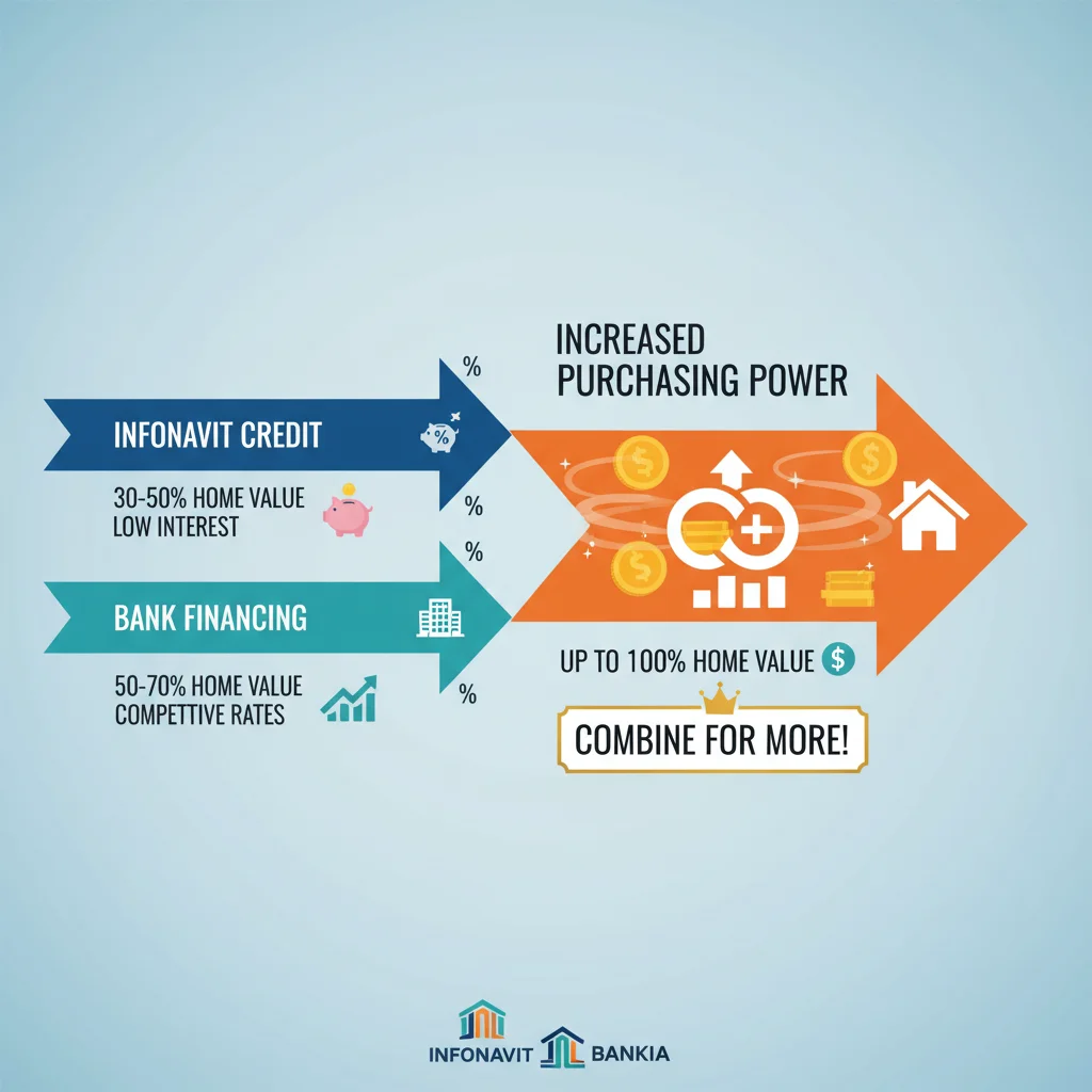 Infografía explicando la fusión de créditos INFONAVIT y bancarios para mayor poder de compra.