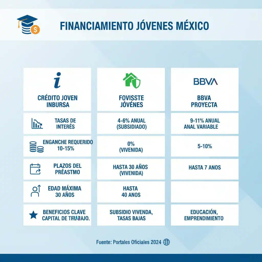 Infografía comparativa de esquemas de financiamiento automotriz para jóvenes en México, destacando tasas y plazos.