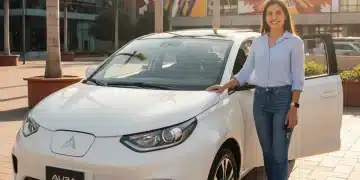 Joven mexicano feliz junto a su primer auto nuevo, simbolizando independencia y éxito.