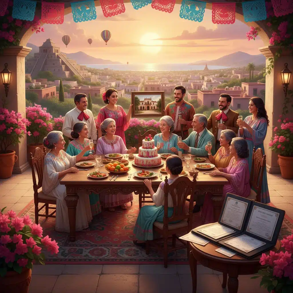 Familia mexicana de varias generaciones disfrutando junta, simbolizando el legado y el disfrute del retiro.