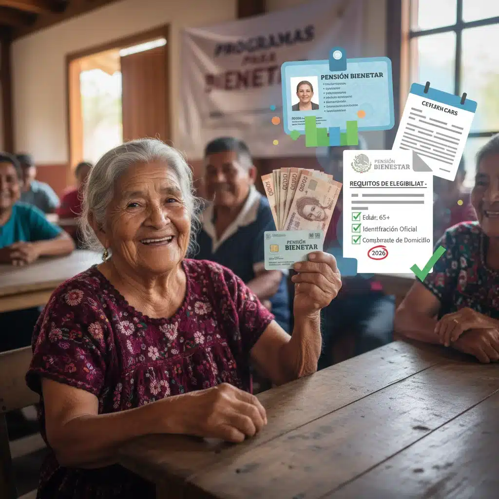 Mujer adulta mayor recibiendo apoyo de Pensión Bienestar, simbolizando los nuevos criterios de elegibilidad.