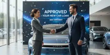 Hombre y mujer estrechando manos frente a un coche nuevo, simbolizando una negociación exitosa de crédito automotriz en 2026.