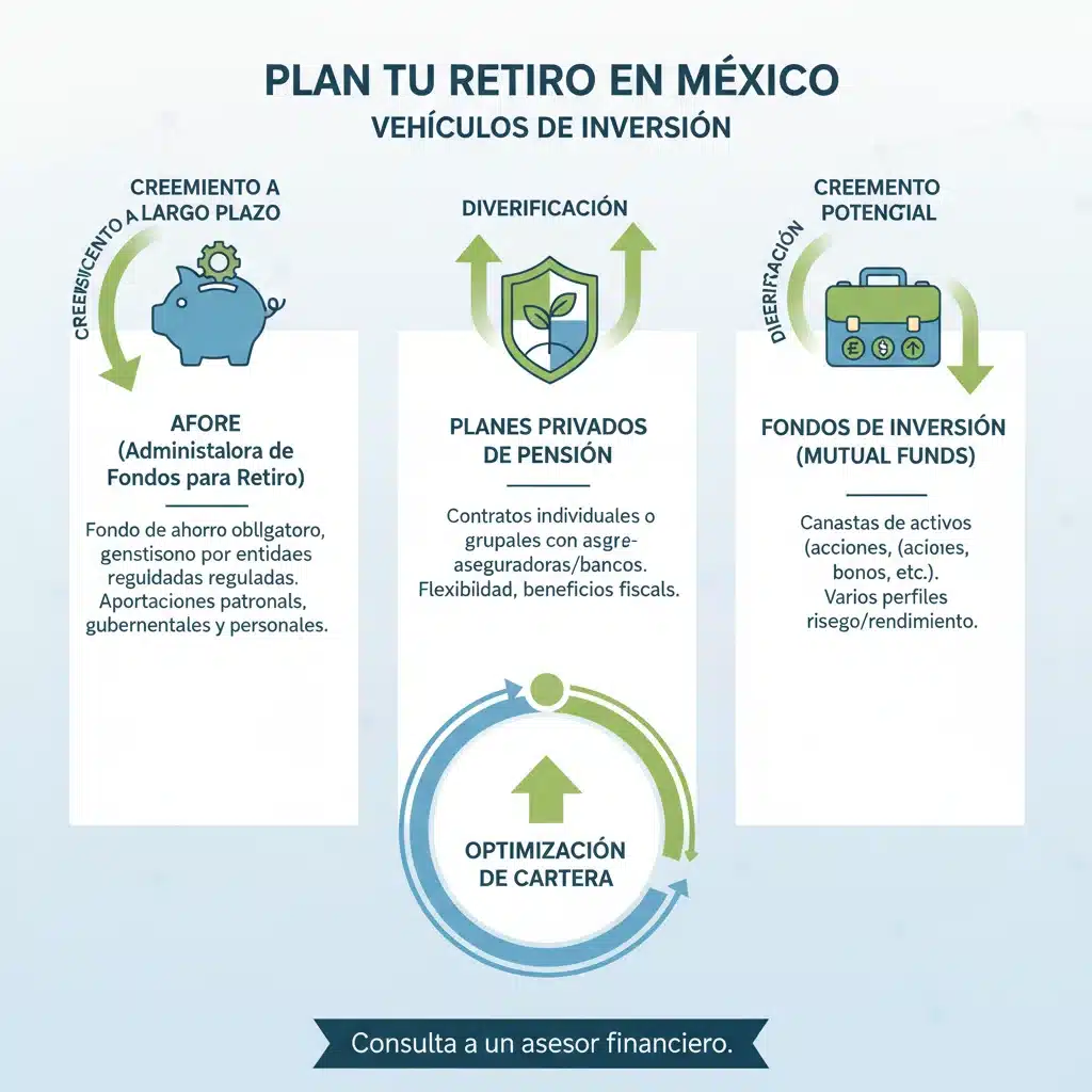 Infografía de opciones de inversión para el retiro en México, mostrando AFORE y planes privados.