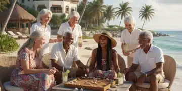 Adultos mayores felices disfrutando de su retiro en una playa mexicana